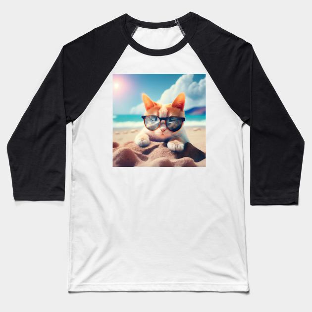 Cat chilling at the beach. Cat Art Baseball T-Shirt by Flowers Art by PhotoCreationXP